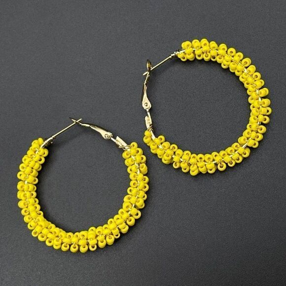 Yellow Gold Wire Wrapped Yellow Beaded Open Round Hinged Post Hoop Earrings - Picture 3 of 9